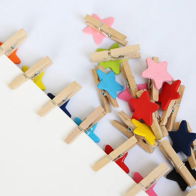 50pcs Colored Stars Mini Wooden Clothespin Craft Clips DIY Clothes Paper Peg Decorative Craft Photo Frame Clips Wedding Party