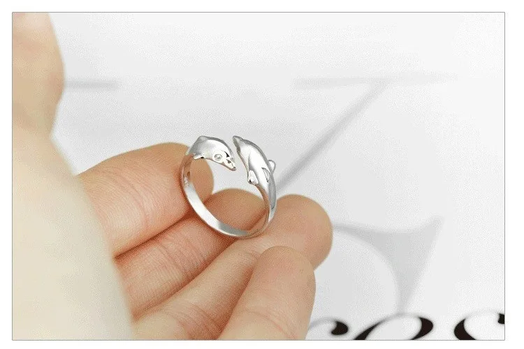 Silver Color Jewelry Open Happy Double Dolphin Love Rings For Party Women Gift Adjustable Ring Anillos Bague VRS2196
