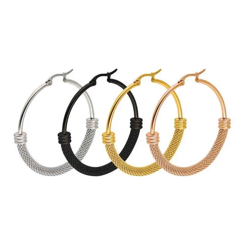 Wholesale Jewelry - Titanium steel Net Round Circle Hoop Earrings Jewelry For Women Fashion Gold Color 4 Size