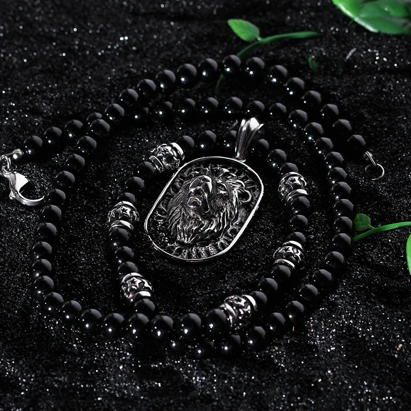 Titanium steel exaggerated lion head pendant national wind Buddha beads men and women necklace