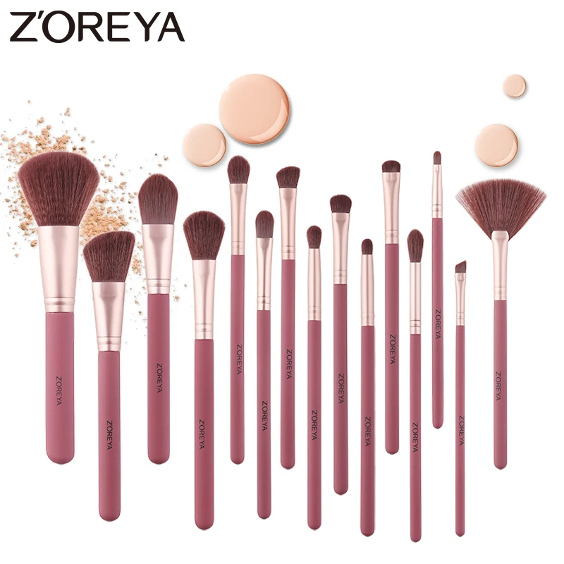 Zoreya 15Pcs Wine Red Rubber Paint Wooden Handle Makeup Brushes Comfortable Synthetic Hair Powder Concealer Eye Shadow Fan Brush