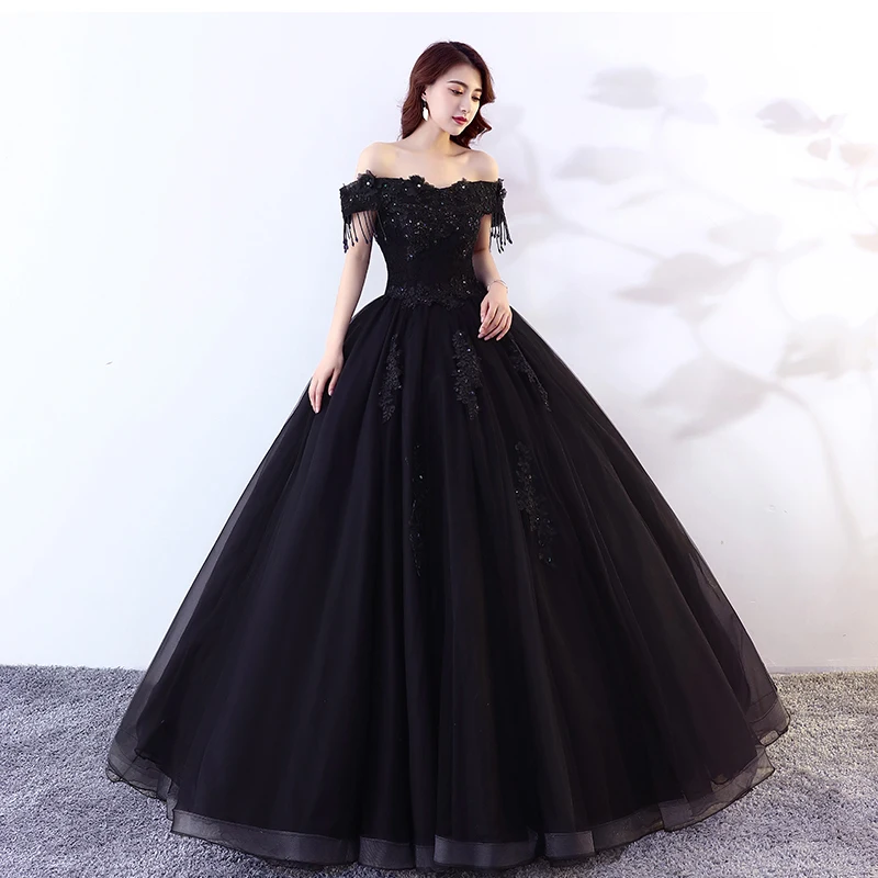 It\'s YiiYa Wedding Dress Off Shoulder Black Boat Neck Wedding Ball Gowns  Elegant Lace Floor Length Vestido de novia  CH038