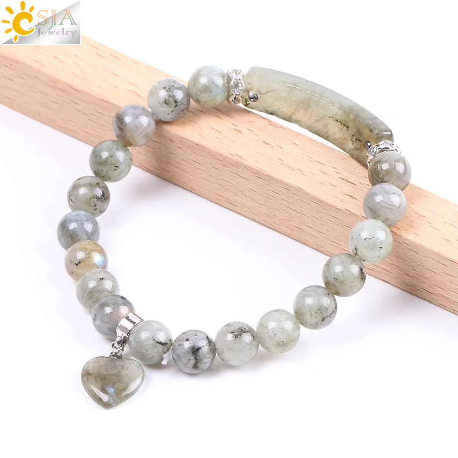 CSJA Natural Stone Bracelet Trendy Handmade Beaded Bangle Labradorite Beads Rectangle Love Heart for Women Men Yoga Jewelry F103