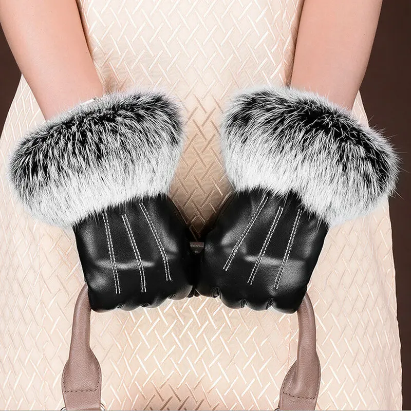 Winter Gloves Fashion Brand Quality Ladies Real Leather Gloves Women Rabbit Fur Warm multicolored Gloves For Christmas Gift