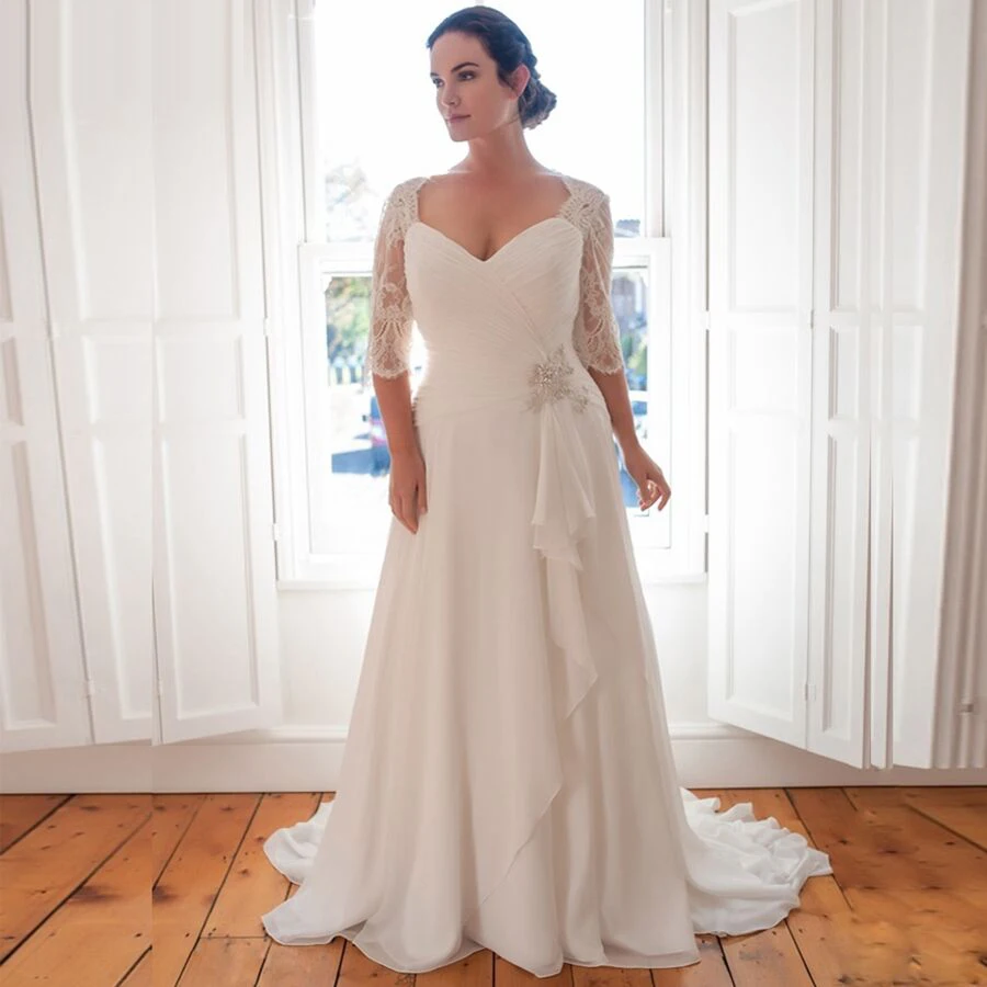 ADLN Plus Size Wedding Dress Vestido De Novia Longo Beaded Beach Chiffon Bridal Dresses with Sleeves Robe de Marriage