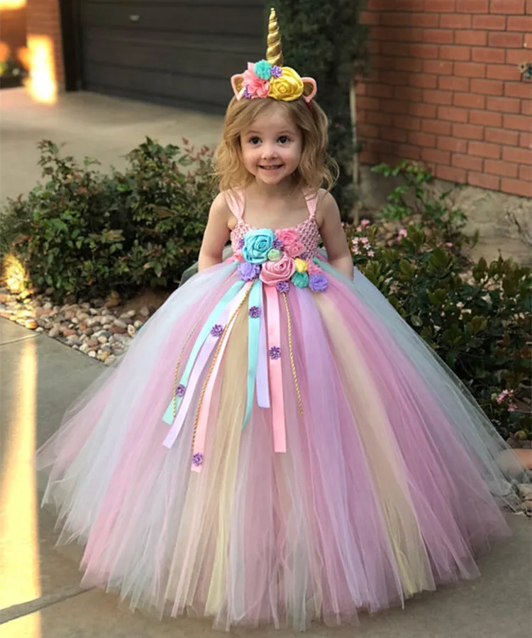 Girls Pastel Unicorn Flower Tutu Dress Kids Fluffy Crochet Long Tulle Dress Ball Gown with Hairbow Children Wedding Party Dress