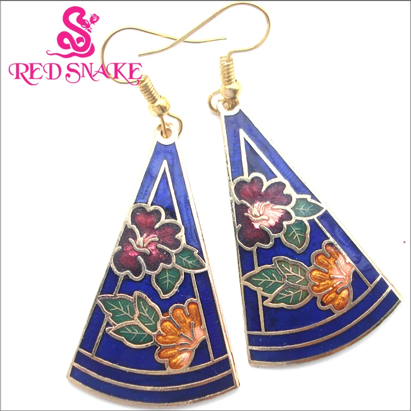 RED SNAKE Fashion Jewelry Cloisonne Enamel Drop Earrings Charm Amazing Beautifully Green background Cone Shaped Flowers