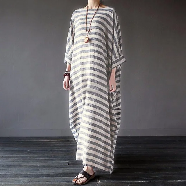 Vrouwen Katoen Linnen Gestreepte Jurk 2023 Zomer Losse Big Size 4XL 5XL Maxi Jurk gewaad femme Casual Lange Boho Kaftan Moslim Jurk