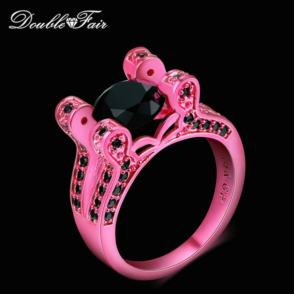 Double Fair New Special Round Shape Pink Gold Color Rings Sets Black Cubic Zirconia Fashion Party Jewelry For Women DD043