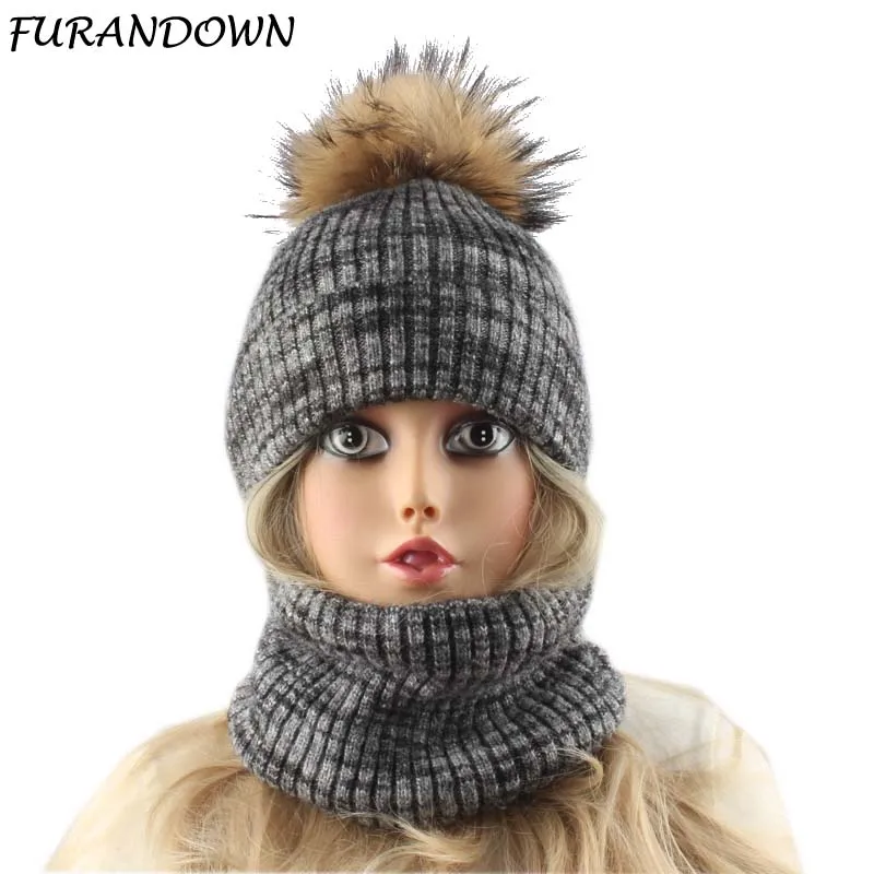 Women's Hat and Snood Winter Fleece Inside Soft Wool Knitted Beanie Cap 100% Mink Fur Pompom Hat Sacrf