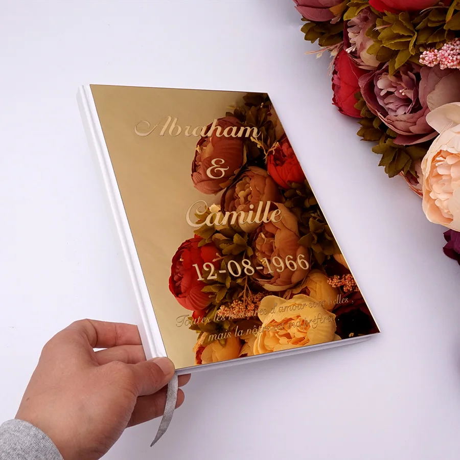 パーソナライズされた結婚式のゲストブック,カスタムアクリルステッカー付きの白い空の鏡,ゲストブック,本のパーティーの装飾