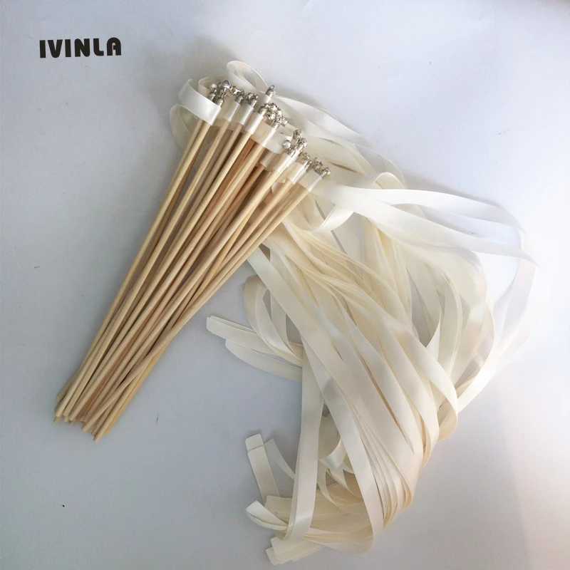 Hot selling 50pcs/lot Antique white wedding ribbon wands with sliver bell for wedding decoration