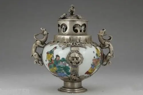 

Delicate Chinese Old-style Inlaid Copper Animals Porcelain Censer ,Painted with Ancient China Belles