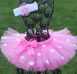 New Girls Pink Tutu Skirts Baby Handmade Tulle Pettiskirt with White Dots Bow and Flower Headband Kids Ballet Dance Tutus Cloth