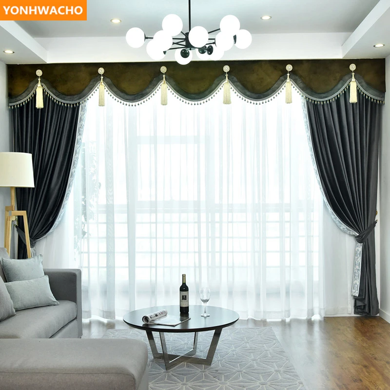 

Custom curtains American simple luxury living room bedroom grey thick velvet cloth blackout curtain tulle valance drape B459