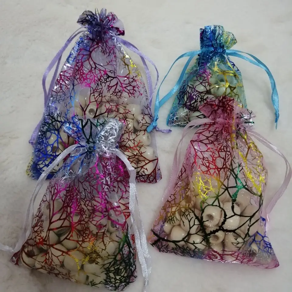 20pcs Organza Bags 7x9 9x12 10x15 13x18 cm Colorful Tree Of Life Jewelry Packaging Drawstring Pouches Wedding Party Candy Bags