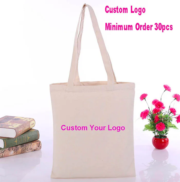 30 pcs/lot  Customized Logo Tote Bag Cotton Women Shopping Bag Casual Plain Nature Cotton Canvas Shoulder Bags No Zipper