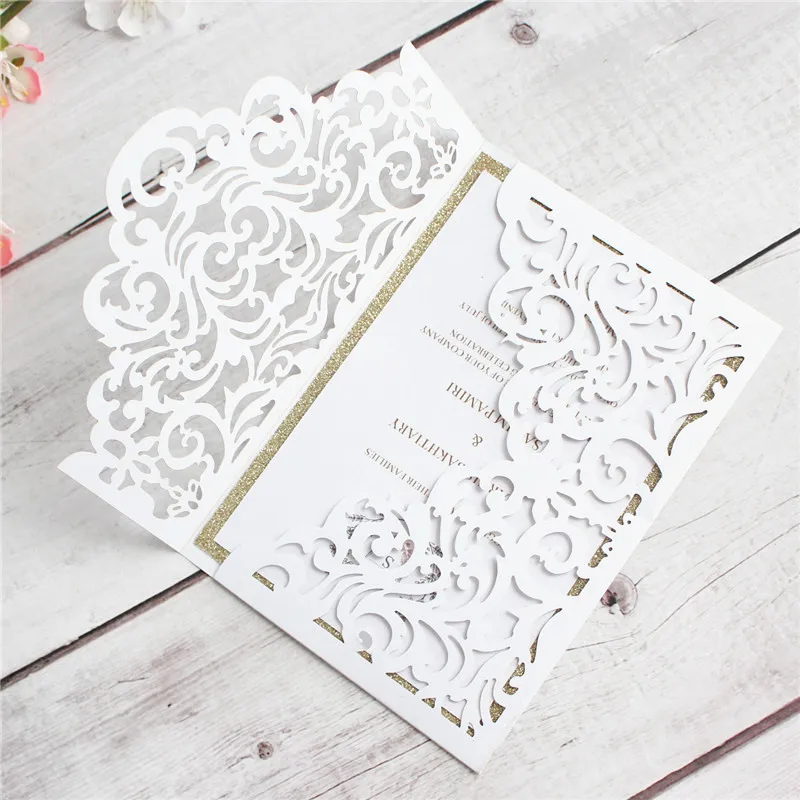 Vintage invitations wedding white pink hollow laser greeting card personalized printing multi colors manufacturer supply