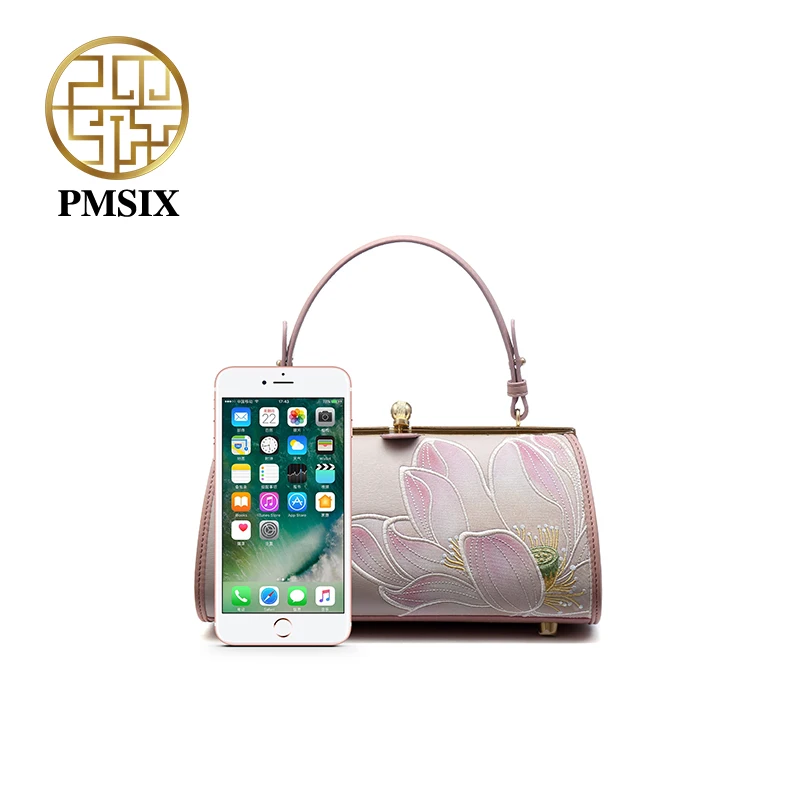 Pmsix Embroidery Lotus Leather Ladies Handbag Frame Designer Chain Shoulder Bag Mini Elegant Women Crossbody Bags 2021