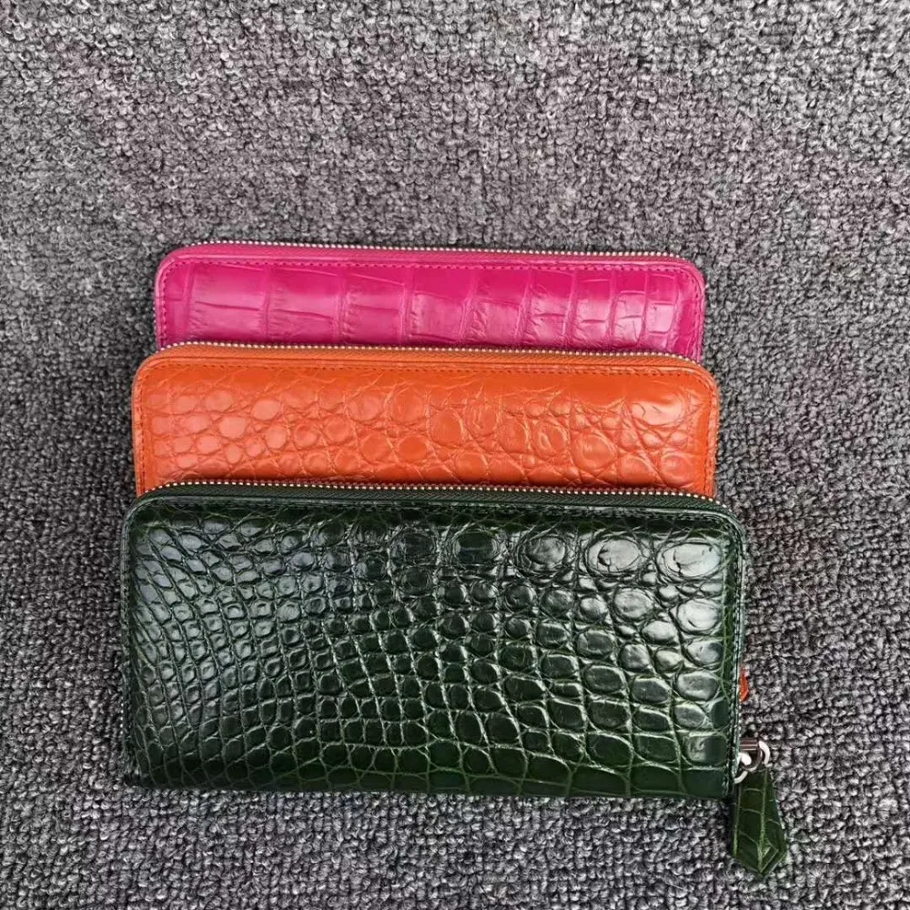 100% REAL genuine crocodile leather skin men wallet long size matt colors with cow skin lining bank card cash license holder