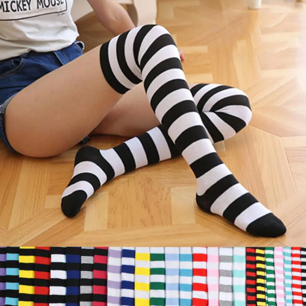 Women Girls Over Knee Long Stripe Printed Thigh High Striped Cotton Socks 22 Colors Sweet Cute Plus Size Overknee Socks