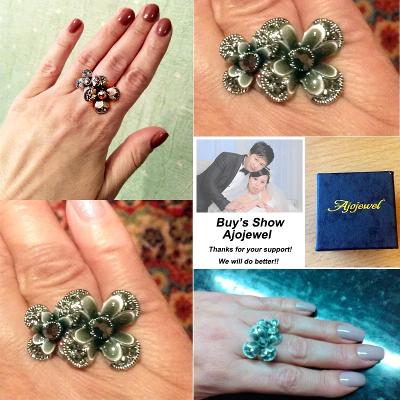 Ajojewel Vintage Fashion Double Flower Women Ring Black Rhinestones Antique Jewelry Retro Style Beautiful Gifts