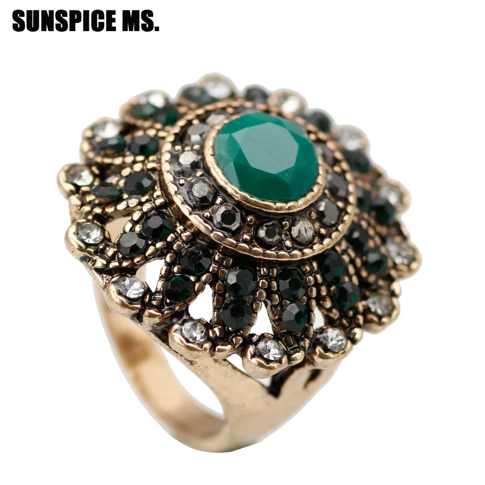 Vintage Turkish Women Round Crystal Wedding Rings Antique Gold Color Red Green Resin Indian Ring Jewelry Fashion Accessories New