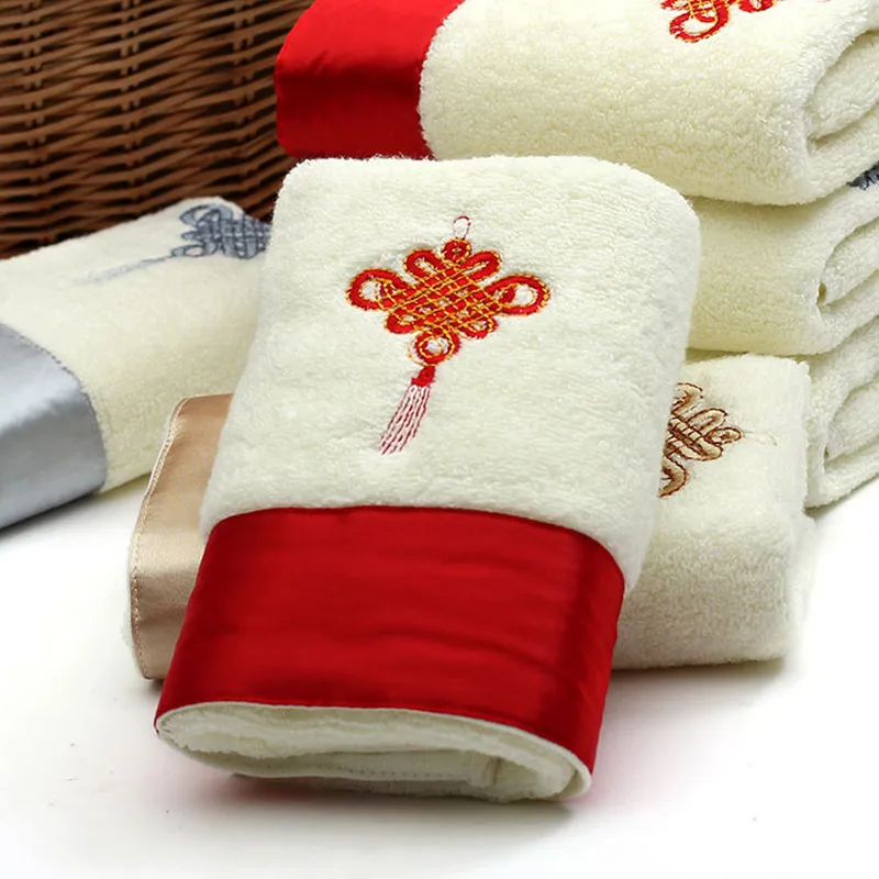 Chinese Knot Embroidered Cotton Towel Bath Face Towel Unisex Strong Absorption Cotton Hand Towel