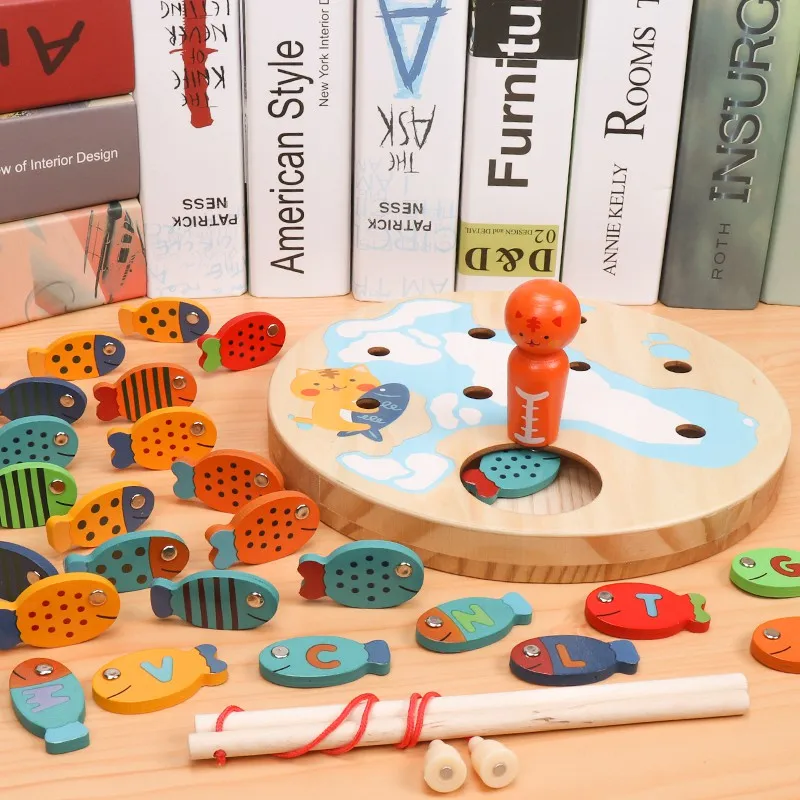 Children's wooden magnetic fishing toy 26 Pcs kitten fishing game quality wood fishing educational toys boy girl's gift