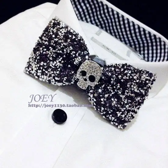 New Free Shipping fashion casual male Men\'s Cool punk Silver Black luxury skull shirt tie diamond party stage Headdress collar