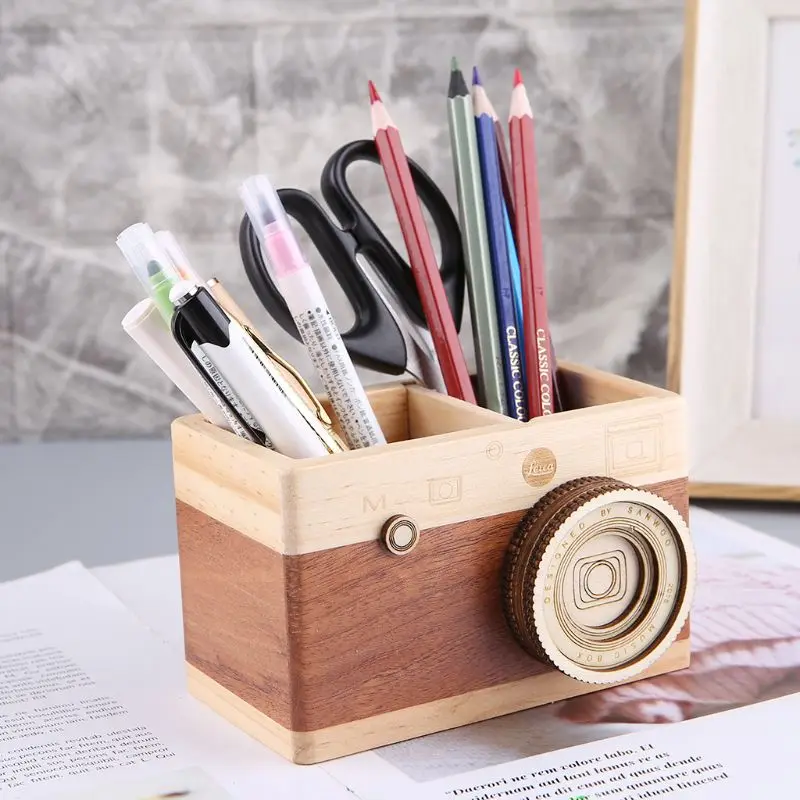Creative Camera Pattern Wooden Pen Pencil Case Holder Stand Desktop Sundries Storage Box Multi Purpose Use #524