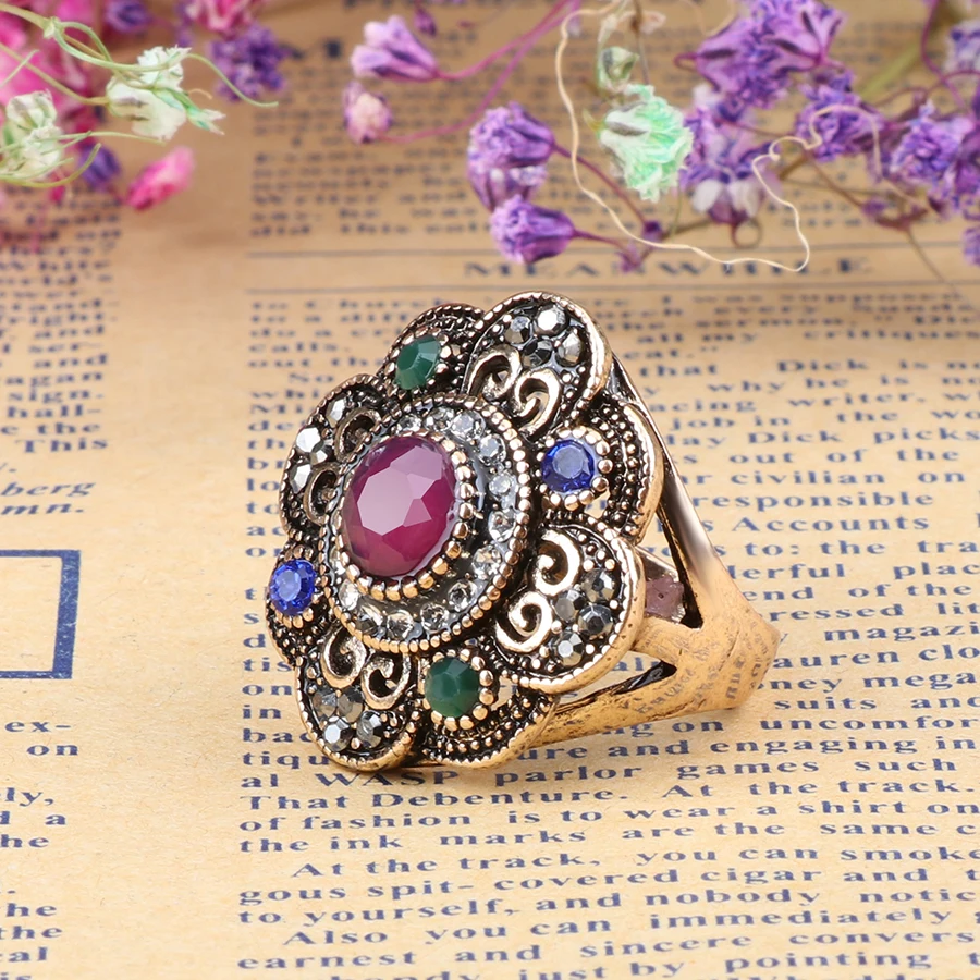 Turkish Antique Gold Crystal Flower Rings For Women Black Stone Silver Color Gothic Ring Vintage Accessories Bohemian Jewelry