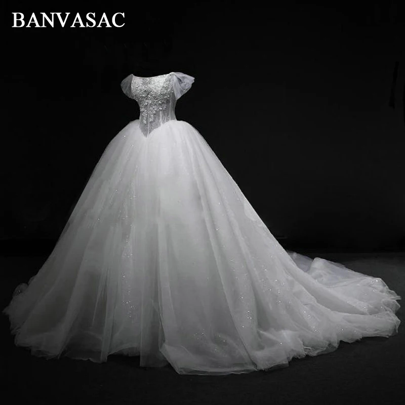 BANVASAC Boat Neck Ball Gown Wedding Dresses Real Photos Lace Embroidery Plus Size Sequined Court Train Bridal Dresses