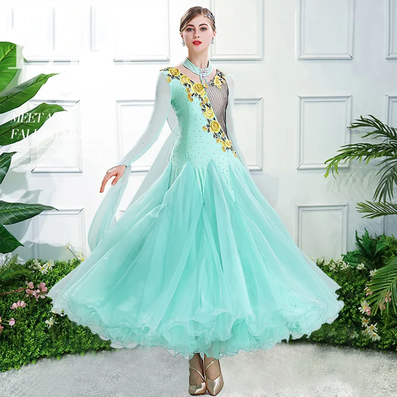 

New V Neck Fluffy Hemline Green Standard Ballroom Dress For Ballroom Dance Competition Dress For Dancing Clothes Rumba GYM Wear