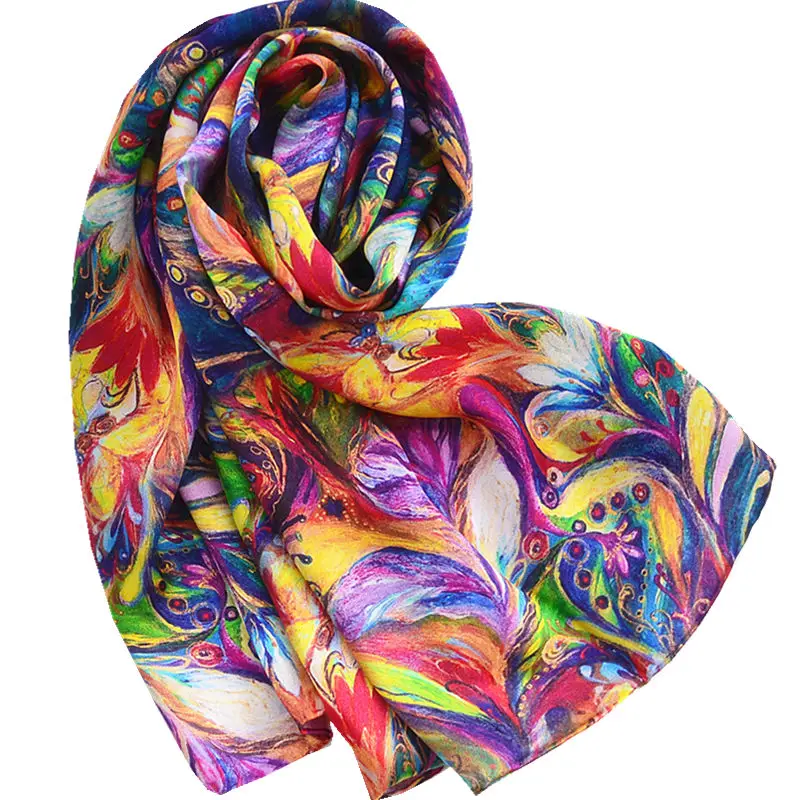 Printed long scarf women sunscreen soft thin silk scarf color feathered flowers scarves wrap shawl hijab bandana gift for lady