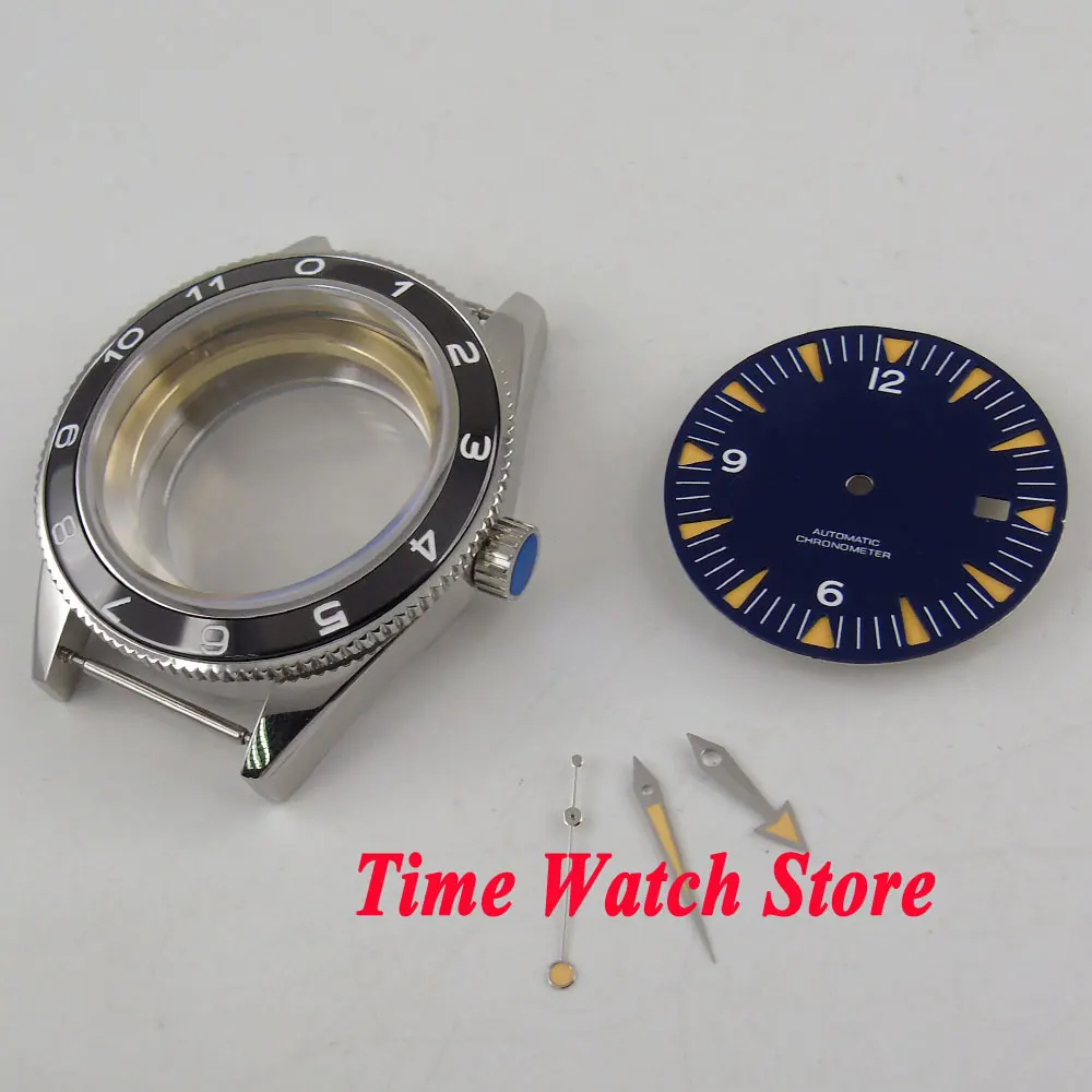 Fit For Miyota 8215 821A 8205 ETA 2824 2836 41mm Watch Case Hands Dial Spare Parts Blue Dial Sapphire Glass Ceramic Bezel Insert