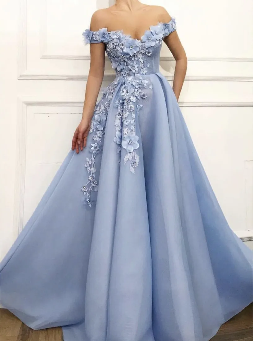 Charming Blue Evening Dresses 2024 A-Line Off The Shoulder Flowers Appliques Dubai Saudi Arabic Long Evening Gown Prom Dress