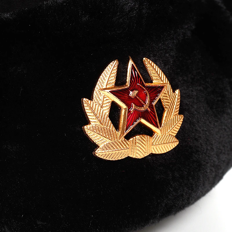 Soviet Army Military Badge Russia Ushanka Bomber Hats Pilot Trapper Aviator Cap Winter Faux Rabbit Fur Earflap Snow Caps hat