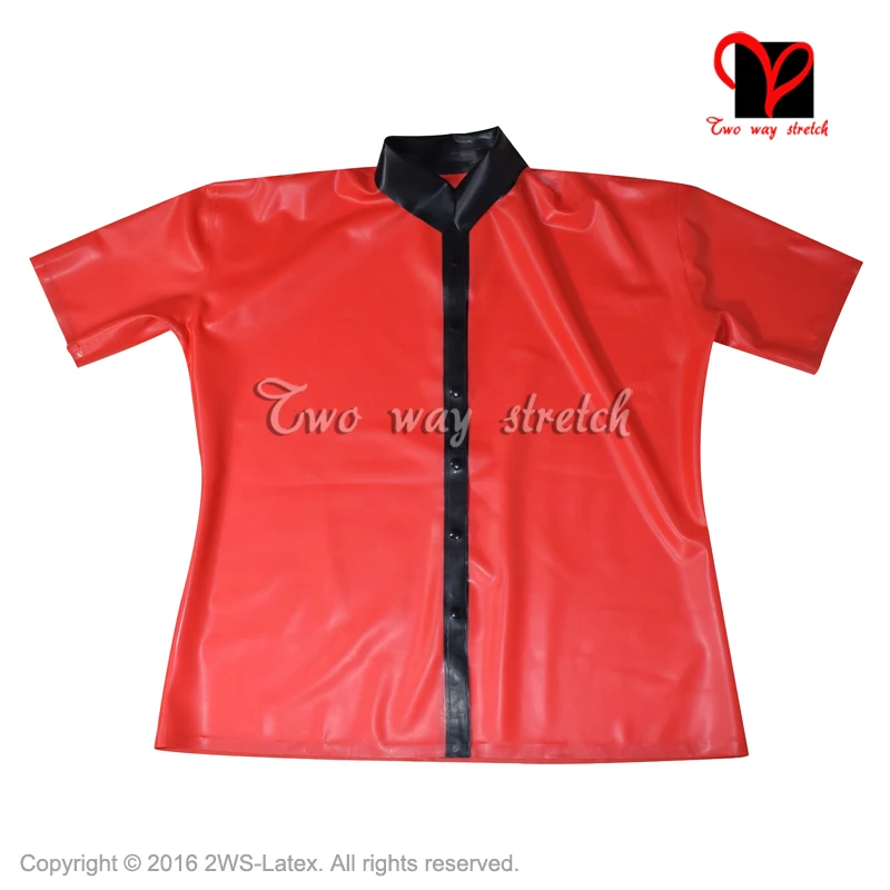 Sexy Wit zwart Latex shirt Rubber jas Gummi blouse catsuit Lange mouw Top Uniform knop Tee XXXL plus size SY-037