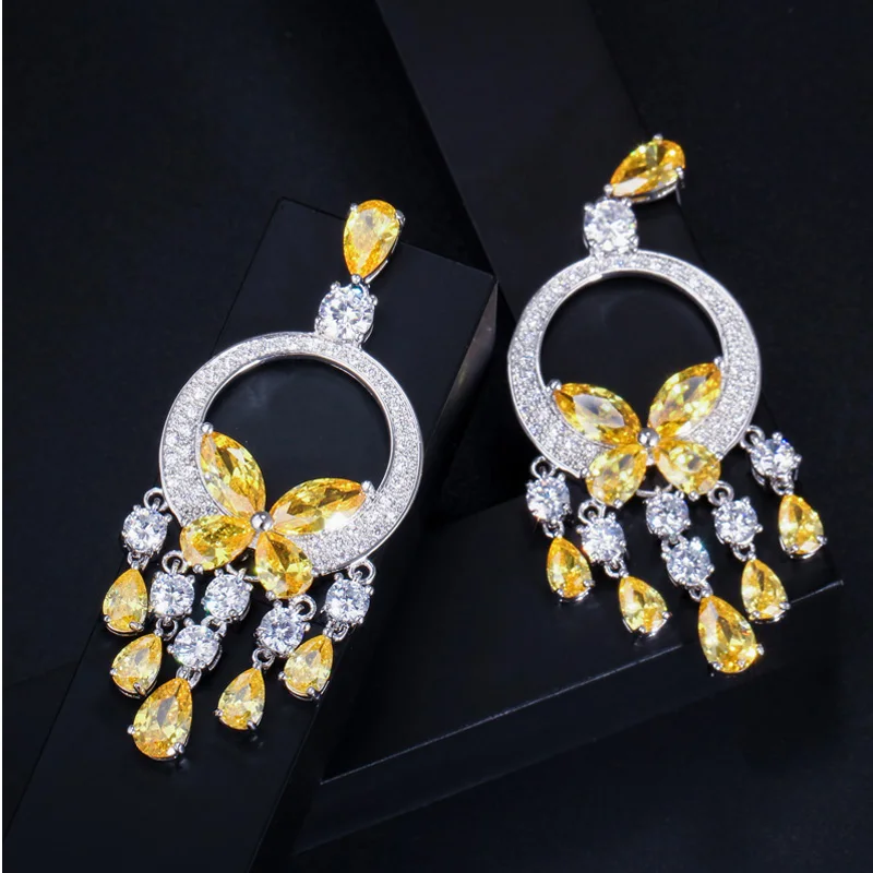 CWWZircons Quality Long Big CZ Stone Yellow Crystal Tassel Drop Earrings for Women Fashion Statement Wedding Party Jewelry CZ034