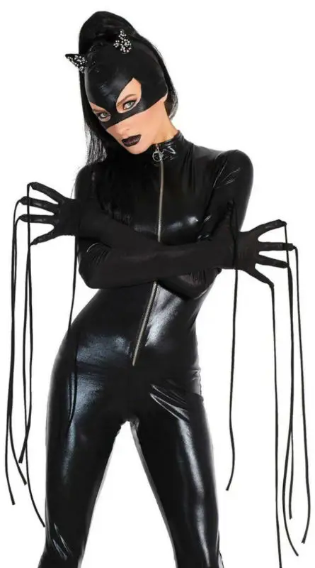 Wetlook Pu Lederen Jumpsuit Volwassen Kat Vrouwen Catsuit Masker + Handschoenen Cosplay Carnaval Halloween Toneelstuk Feestkostuums