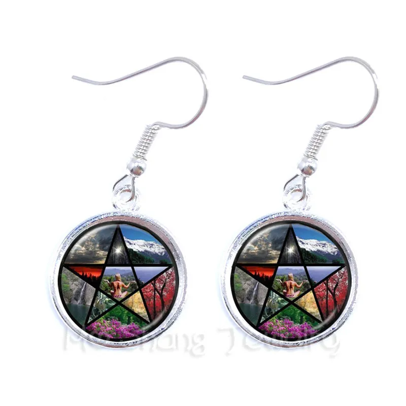 Magic Wiccan Pentacle Logo Earrings For Women Glass Cabochon Goth Keep Talisman And Treatment Of Injury Gift For Friends