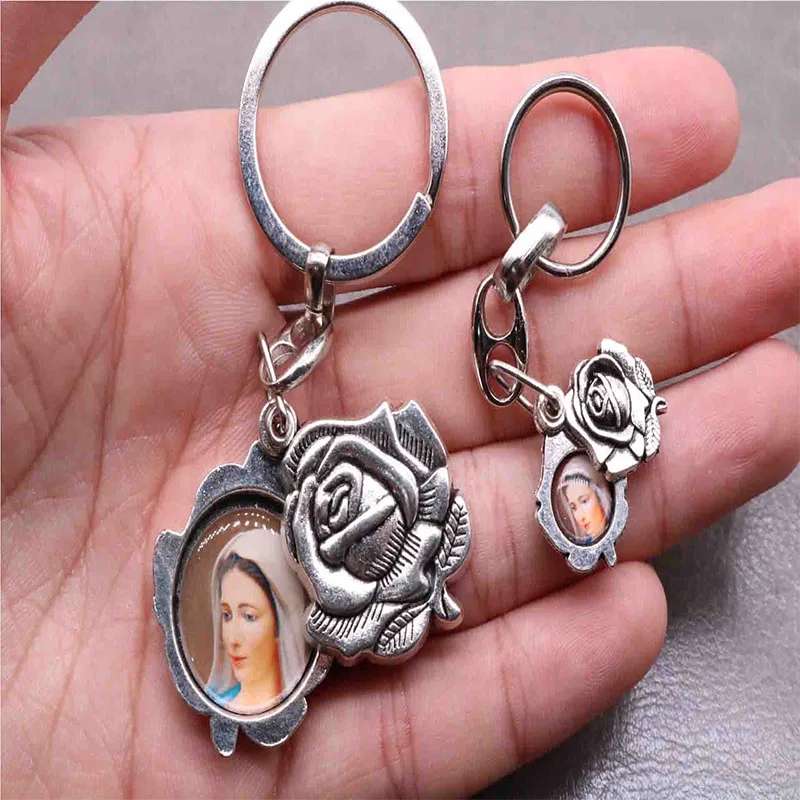 سلسلة مفاتيح دينية وردية ، سلسلة مفاتيح مع يسوع ، مريم العذراء ، لمفتاح السيارة ، حقيبة يد ، هدية #4