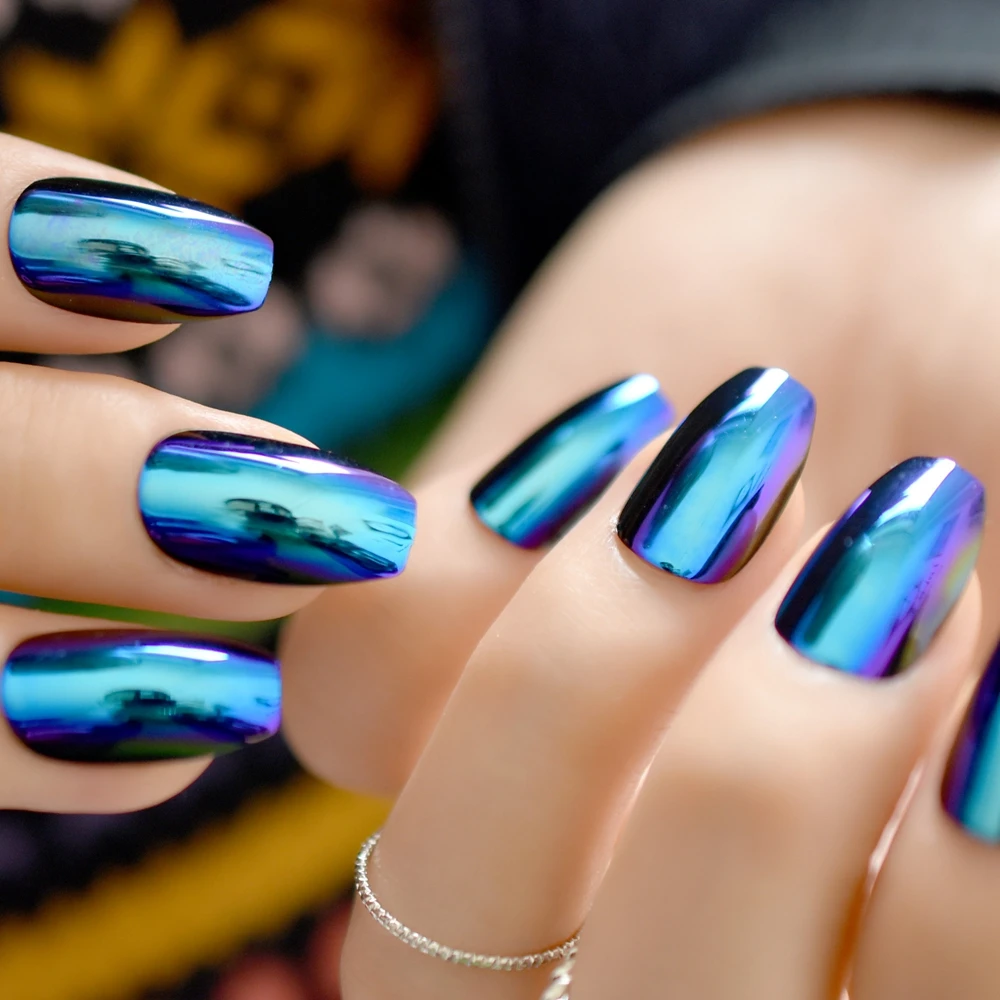 Ballerina Coffin Nails Tips Mirror Chrome Reflection False Nail Magic Mirror Effect Holo Blue Purple Fake Nails