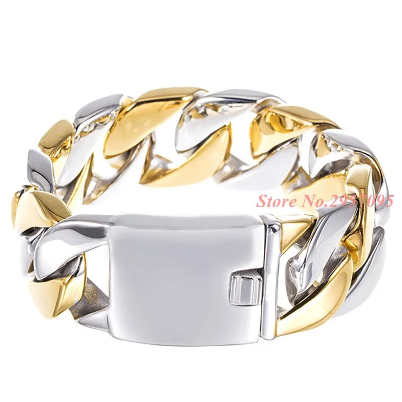 

24mm Wide Silver Gold Color Cut Curb Cuban Link 316L Stainless Steel Bracelet Mens Boys Unisex Jewelry