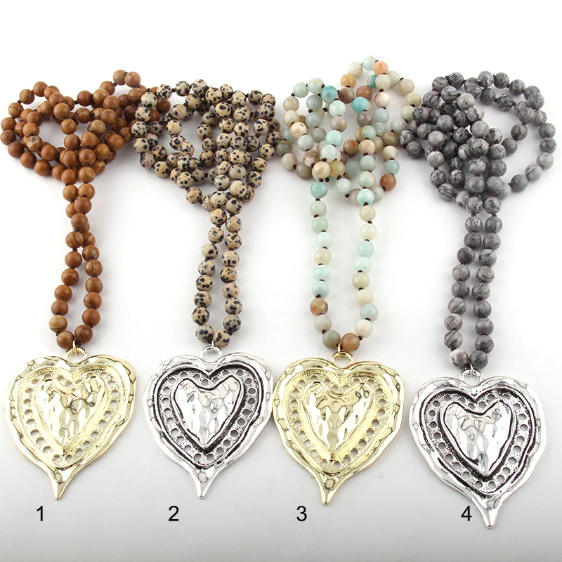 Fashion Bohemian Jewelry Semi Precious Stones Long Knotted Metal Heart Pendant Necklaces