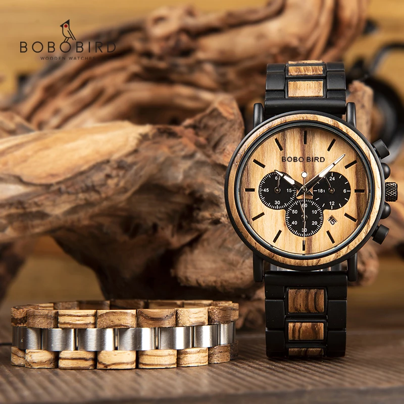 relogio masculino BOBO BIRD Men Watch Wood Bracelet Set Chronograph Quartz Watches in Wooden Box Drop Shipping Engraving