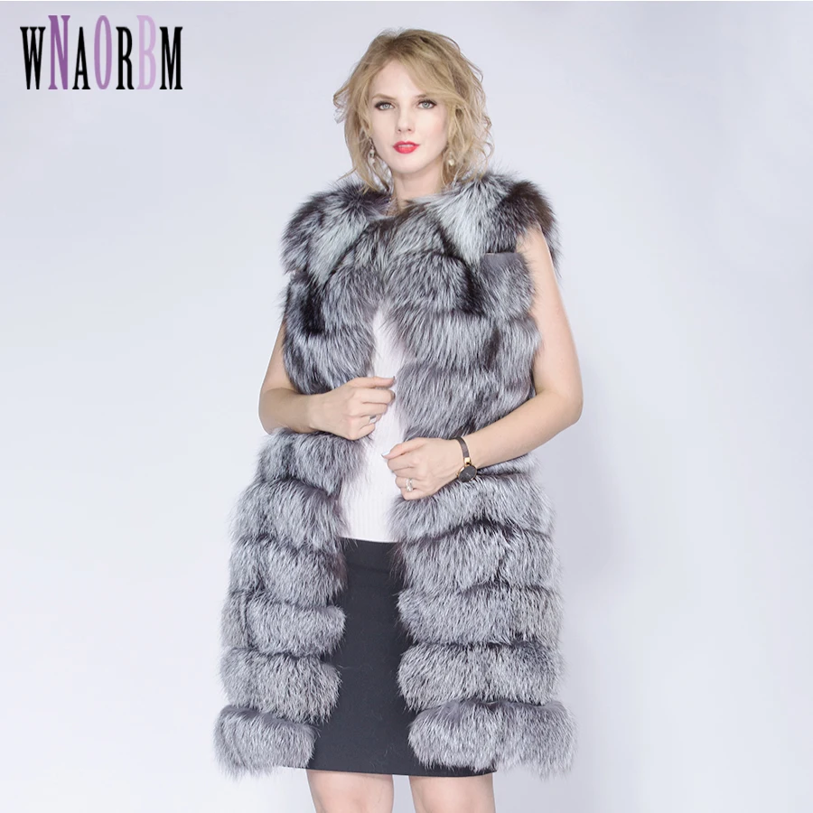 Winter Silver Fox Fur Vest  Real Silver fox Fur Coat  Nature  Fur Vest Stripe Medium-long Vest Casual Fashion Women