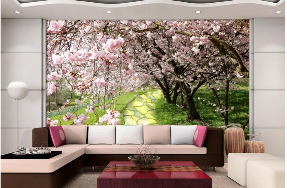 custom photo wallpaper Cherry blossom stone road wallpapers for living room Home Decoration white wallpaper