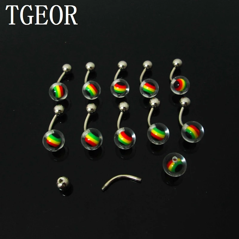 Fashion 1 pair 1.4*10*5/8mm mixed colors inlay rasta reggae balls UV acrylic piercing navel belly button ring free shipping